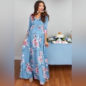 EUC | PinkBlush Blue Floral Sash Tie Maternity/Nursing Wrap Maxi Dress